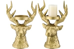Thyle Reindeer Christmas Decor Set Candle Holders of 2 Gold Stag Candle Holder Vintage Deer Head Pillar Candles Stand for Christmas Table Centerpiece Home Wedding Holiday Decoration