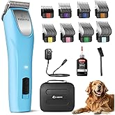 FuzzyFix Professional Dog Clippers for Grooming Thick Curly Matted Coats | Detachable 10 Blade &amp; Metal Guide Combs Kit for Horse Animal Breeds Low Noise Cordless Pet Hair Trimmer with 2 Speed Bluewave