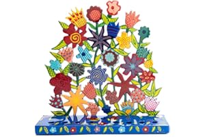WORLD OF JUDAICA Yair Emanuel Floral Pattern Menorah in Bright Colors in Painted Metal