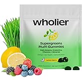 wholier Supergreens Multi Gummies, Daily Greens with Prebiotics, Fiber, Adaptogens, Plant-Based Multivitamin with 9 Essential Vitamins + Minerals, 1g Sugar, 2 Gummy Serving (60 Gummies, 30 Day Supply)