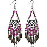 KVANU Handmade Vintage Bronze Bohemian Long Tassel Colorful Bead Dangle Drop Earrings Big Tribal Chandelier Geometry Hook Earrings for Women Statement Jewelry Gifts