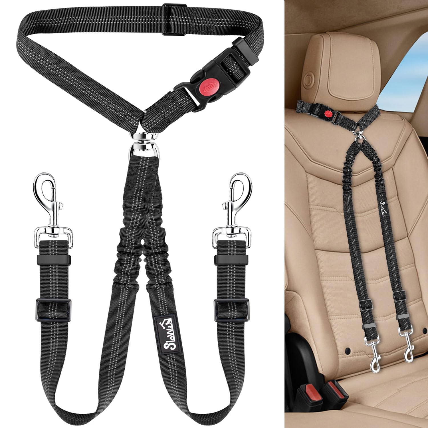 Lukovee Double Dog Seat Belt, New Dual Pet Car Headrest Restraint Safety Seatbelt No Tangle Dog Leash Duty Adjust Elastic Bungee Puppy Lead Splitter Connect Harness in Vehicle Travel for 2 Dogs,Black