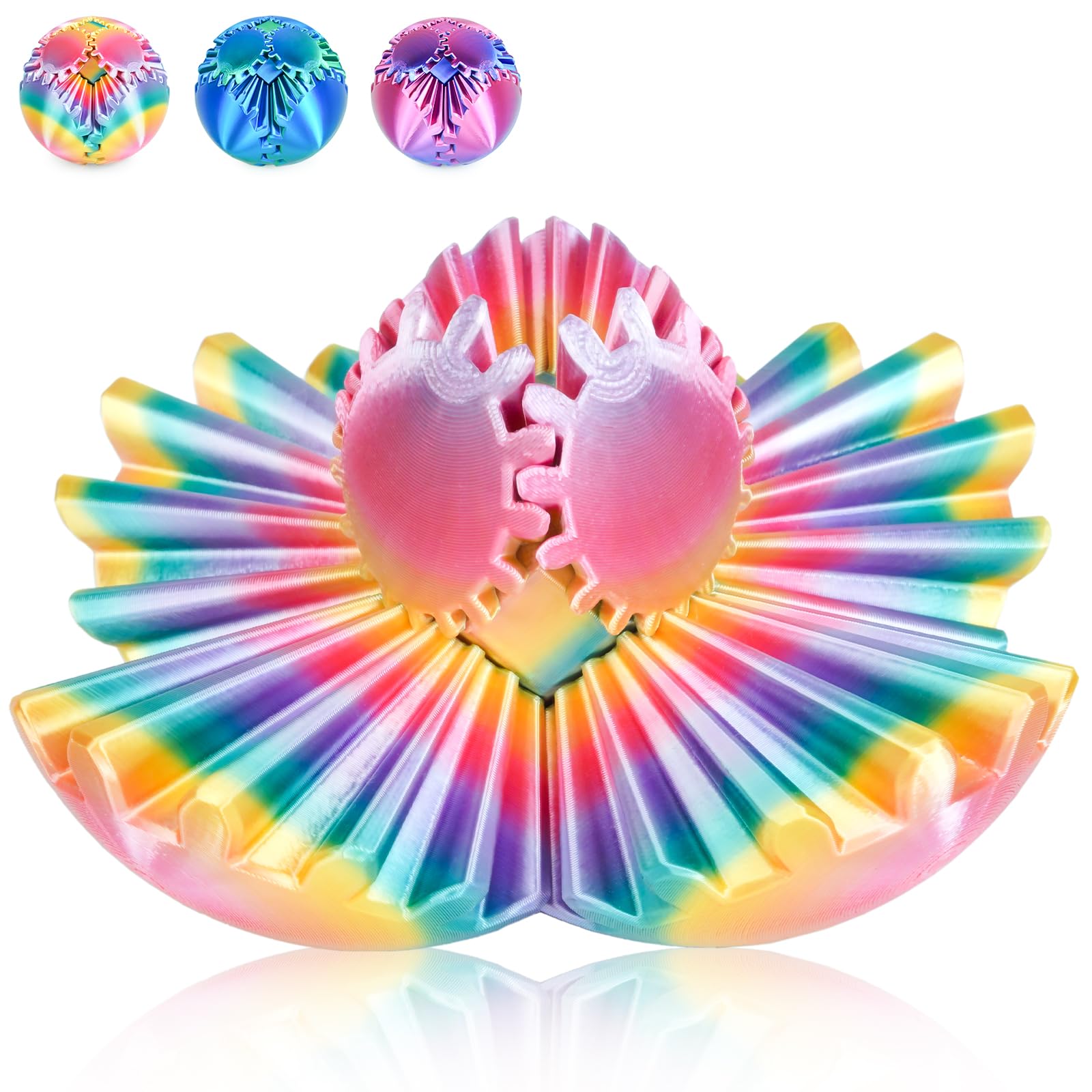 Gear Ball 3D Printed Fidget Toy Spinning Gear Sphere for Stress Relief Anxiety Fun Desk Toy for Adults Kids Stocking Filler Gifts Birthday Christmas (Rainbow, Diameter: 3.3 In)