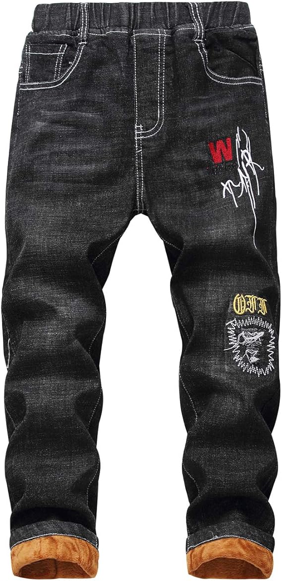 YOOY Boys Winter Flannel Lined Jeans Kids Elasticated Waist Denim Trousers Black Size 140cm / 7