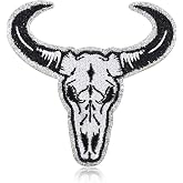 QianSiLi Bull Skull Black White Embroidered Iron On Patch | Cowboy &amp; Cowgirl Longhorn Cow Skull Applique with Silver Glitter Outline, Western Badge for Denim Jackets, Backpacks &amp; Hats
