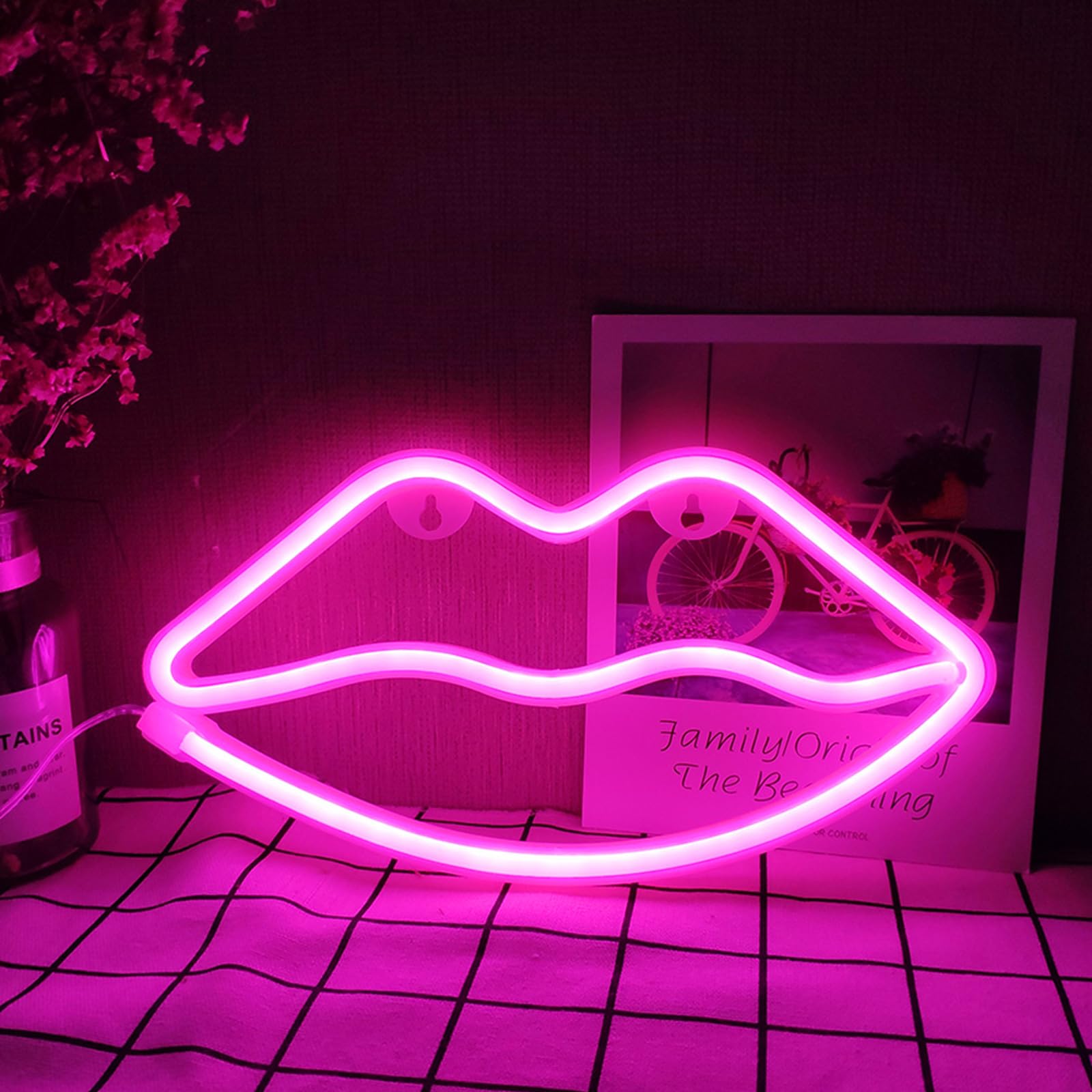 ENUOLI LED Lips Neon Light Sign Wall Light Battery/USB Operated Light Blue Art Decorative Neon Lights Signs for Walls Light up Signs for Bedroom Walls Party(Pink)