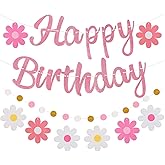 Danadia Pre-Strung Happy Birthday Banner, Pink Birthday Decorations with Flowers and Circle Dot Garland, NO DIY Daisy Party Decorations for Women Girls