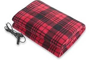 Tuanse 58 x 43 Inches Car Electric Blanket 12 Volt Heated Car Blanket with Temperature Controller and Transparent Storage Bag Cold Weather Tailgating and Emergency Kit(Red Black,Stripe)