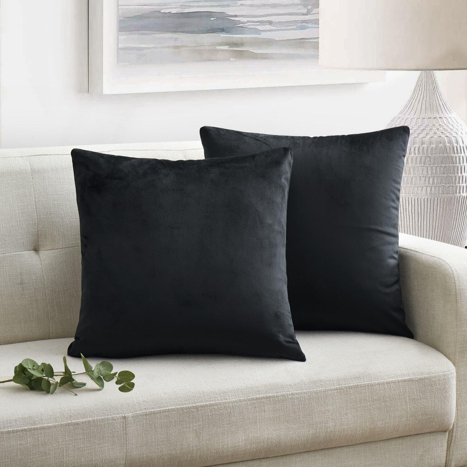 Seechoo Velvet Cushion Covers, Set of 2, 45cm x 45cm, 18x18 Inch, 17 Colours, Extra Soft Plush, Decorative, Invisible Zipper (Black)