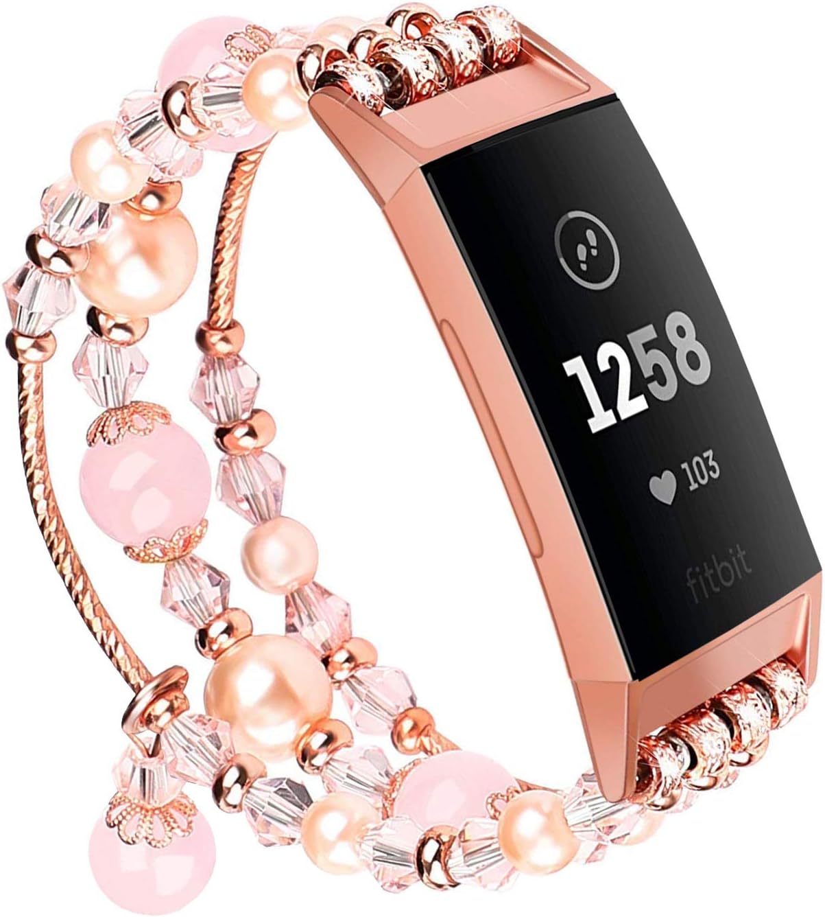 V-MORO Pink Band Compatible with Fitbit Charge 3/3 SE Bands Rose Gold Women Fashion Handmade Jewelry Bracelet Elastic Stretchy Faux Pearl Bead Wristband Replacement for Fitbit Charge 3/3 SE Smartwatch