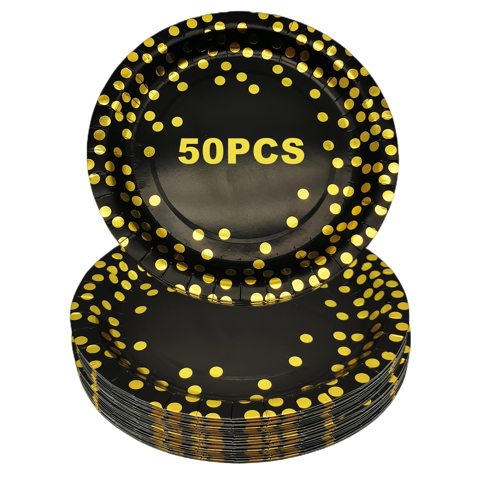 CEILIWEN Black & Gold Party Plates, 50 Pack 9 inch Black & Gold Dinner Plates for Birthday Decorations