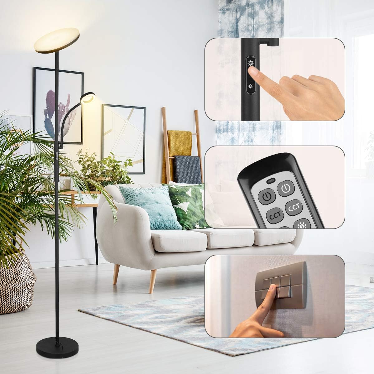 LED Floor Lamp - Soarz Torchiere Floor Lamp with Adjustable Reading Lamp,2000lumens Main Light and 400lumens Side Reading Light for Living Room, Bedroom, Office, Working with Remote Control: Home Improvement