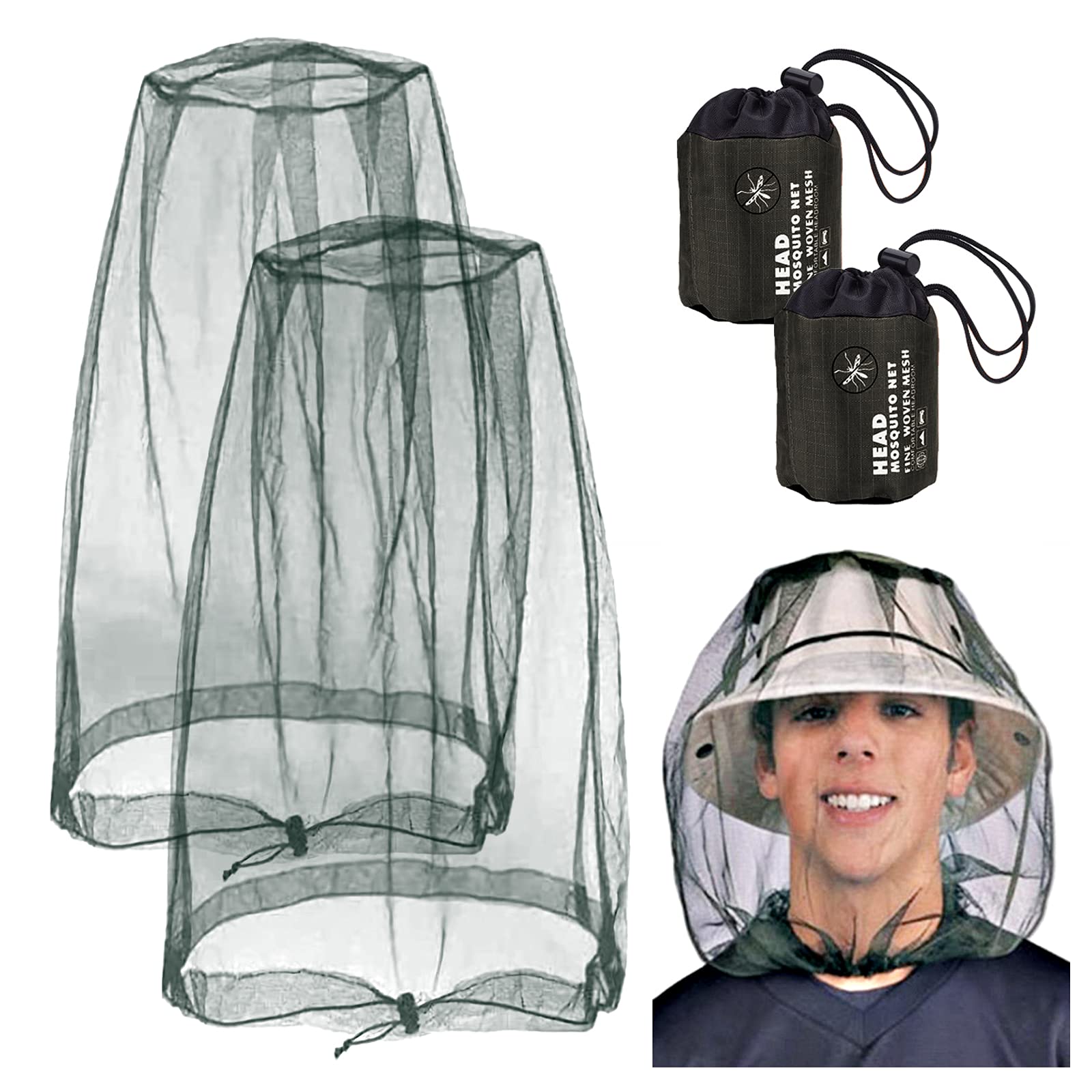 2 Pieces Mosquito Head Net, Nylon Face Net Mesh,Mesh Bug Net for Outdoor Hiking Camping Climbing Fishing and Walking (Green)