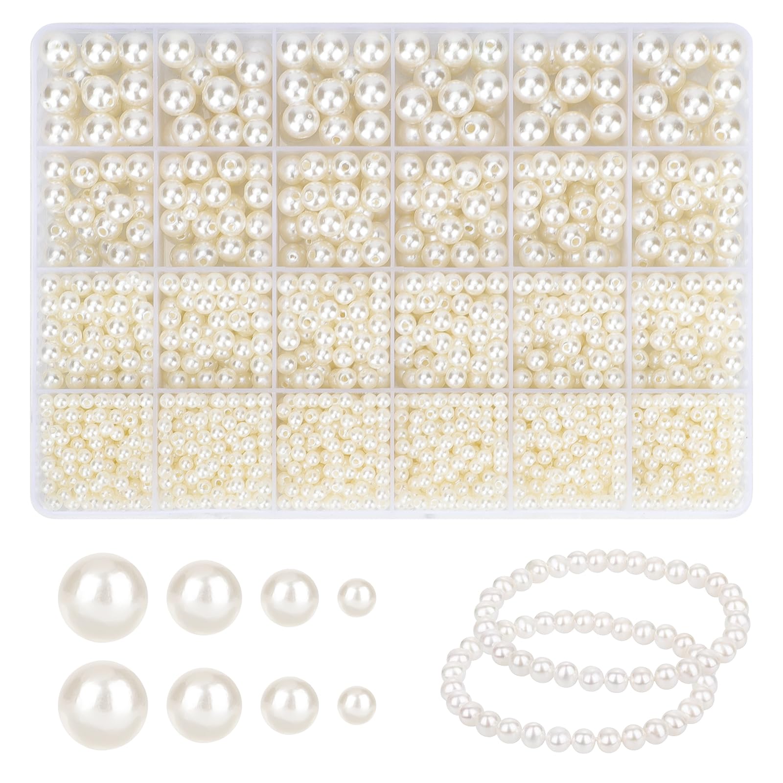 FIHODONE 2300PCS Pearl Beads,4/6/8/10mm White Beads Jewellery Making, for Bracelet Making,Pearls for Crafting Suitable for Wedding Decorations, Bracelets, Necklaces, and Vase Fillers
