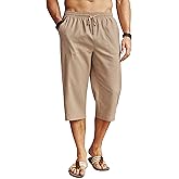 COOFANDY Men's Linen Capri Pants Casual Lightweight 3/4 Baggy Pants Drawstring Elastic Waist Beach Yoga Pants with Pockets