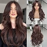 Aisaide Dark Brown Long Wavy Layered Wig with Curtain Bangs for Women Synthetic Brown Layered Wavy Wig Shaggy Blonde Butterfly for Women 24inch.