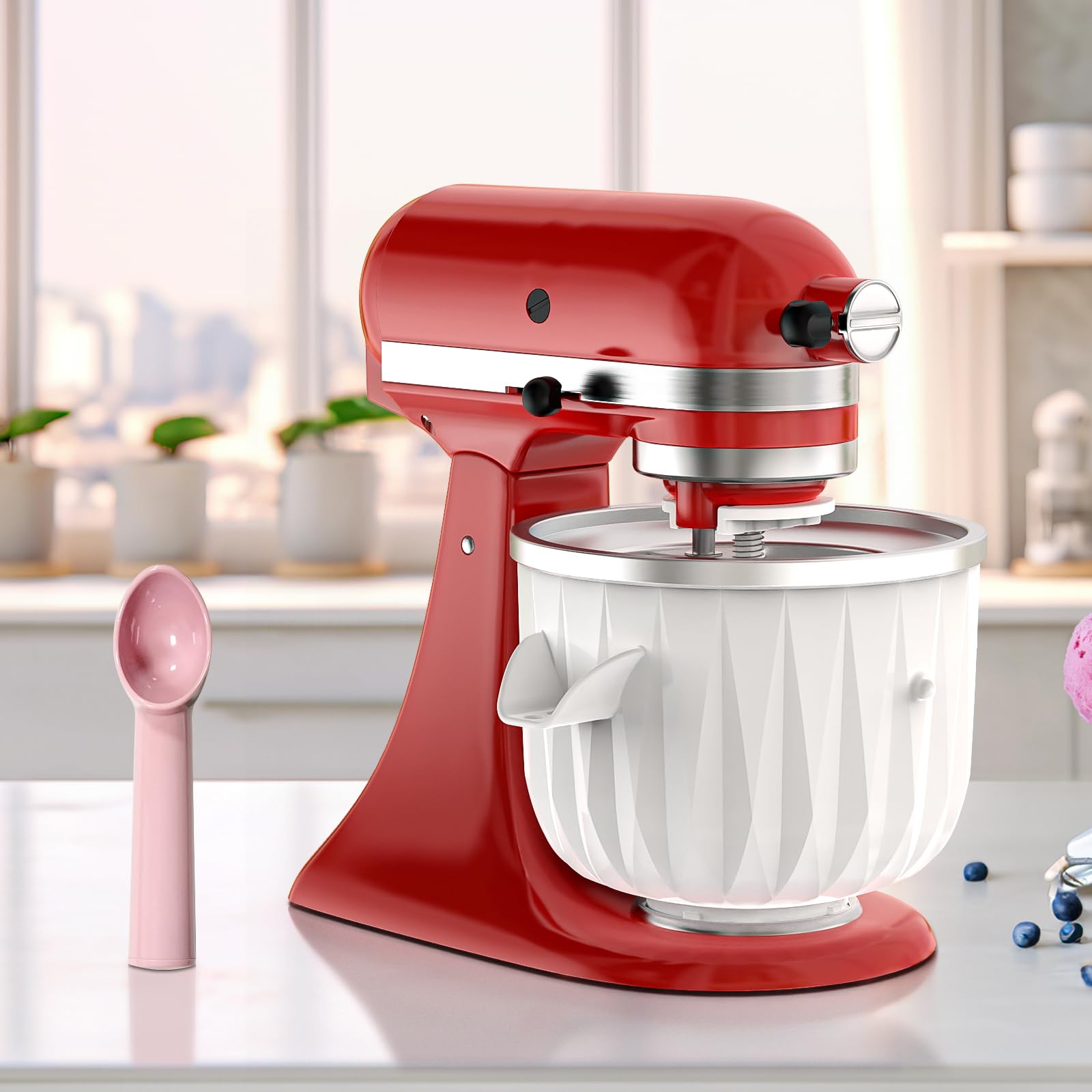 Ice Cream Attachment for Kitchenaid, 2 Quart Frozen Ice Cream & Sorbet Gelato Maker for Kitchenaid Ice Cream Maker Attachment, Compatible 4.5 Qt and Larger Stand Mixers with Ice Cream Scoop