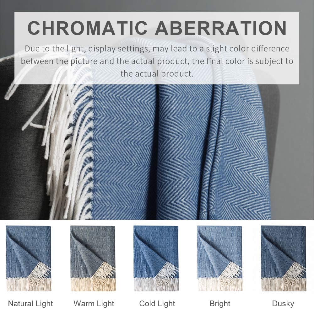 Bourina Decorative Herringbone Faux Cashmere Fringe Throw Blanket Lightweight Soft Cozy for Bed or Sofa Farmhouse Outdoor Throw Blankets, 50" x 60", Navy: Home & Kitchen