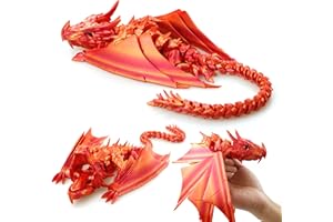 LehuoMaker 3D Printed Dragon with Wings, Fidget Dragon Toys, 3D Printed Animals, Flexible Articulated Winged Crystal Dragon Model,Home Office Decor Desktop Pet(Gradation Red Gold)