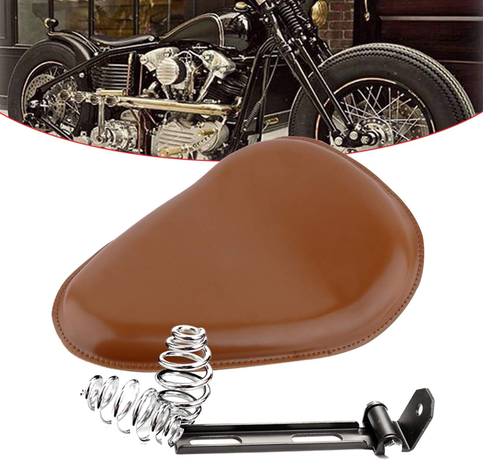 Qlhshop Motorcycle Brown Leather Solo Seat with Spring Bracket Kit Replacement for Harley Chopper Suzuki Yamaha