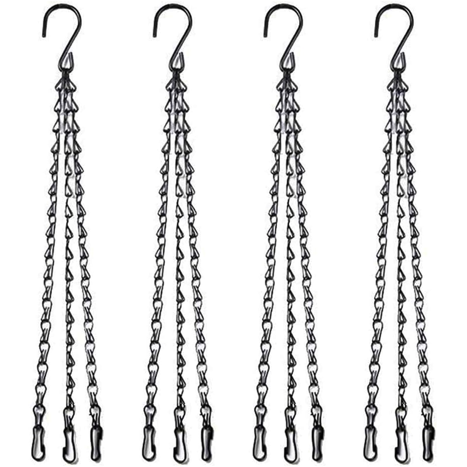 MZMing 4 Pack 41cm Hanging Basket 3-Leg Chain Replacement Metal Chain Hanger with Hook and Clip for Hanging Garden Flower Pots Planters Bird Feeders Lanterns Chalkboards and Ornaments - Black