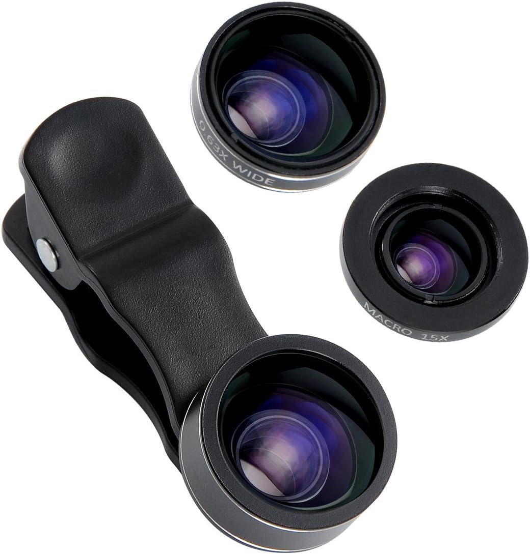 PICKOGEN Phone Camera Lens Kits, 3 in 1 Clip-On Cellphone Lens 198° Fisheye Lens 0.63x Super Wide Angle Lens 15x Macro Lens for iPhone 7 6s Samsung S8 S7 Edge And Most Smartphones