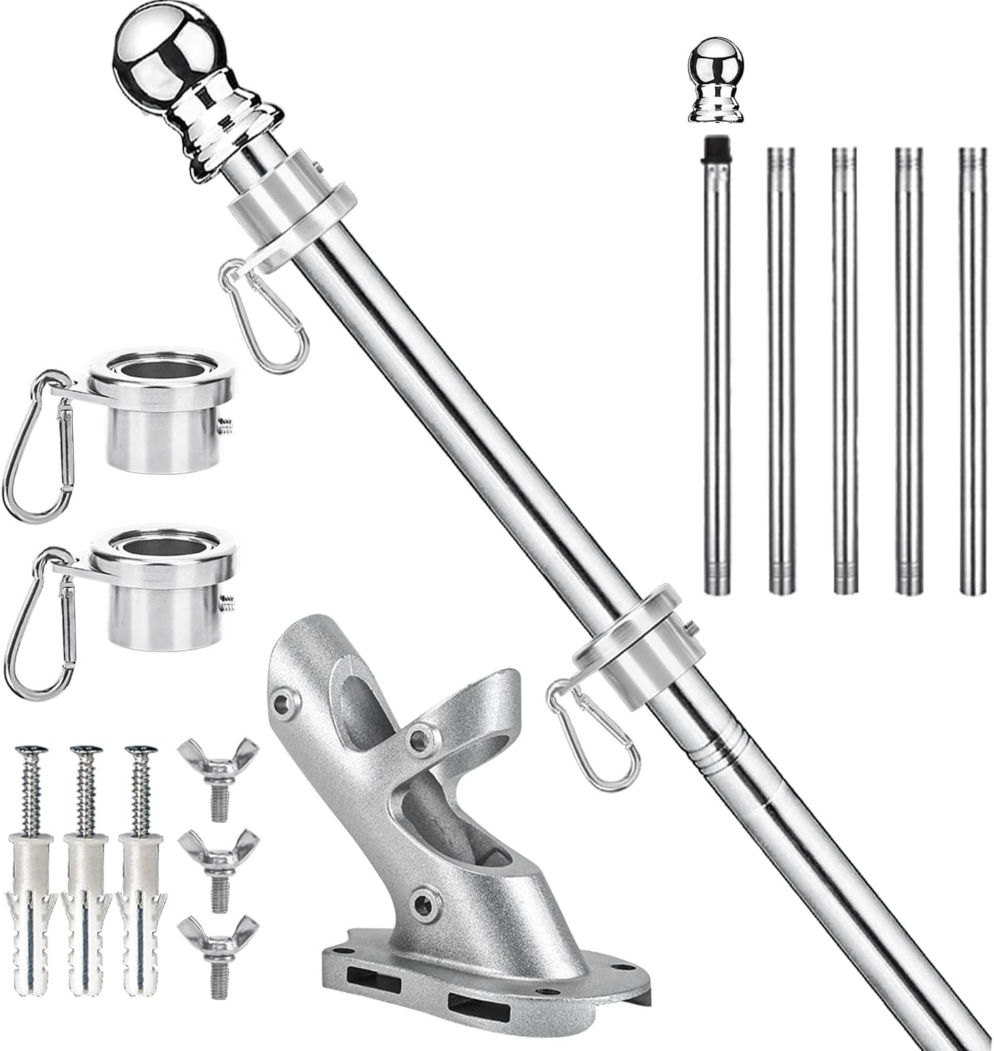 Flagpole Hardware - Aobrodzo Flag Poles for Outside House, 6 FT Flag Pole Kit with No-Tangle Aluminum Ring Clips and Holder Mounting Bracket, Heavy Duty Stainless Steel Flagpole for Boat Dock Deck Porch Sport (1 Pack)