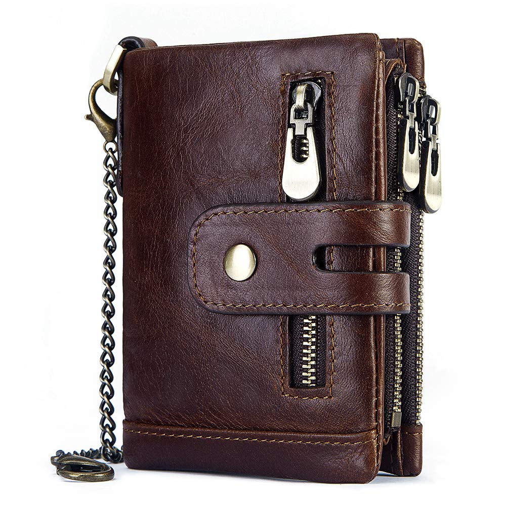 Mens Wallet with Chain RFID Blocking Men's Genuine Leather Wallet Bifold Wallet with Credit Card Holder and Zipper Coin Pocket Purse,Coffee