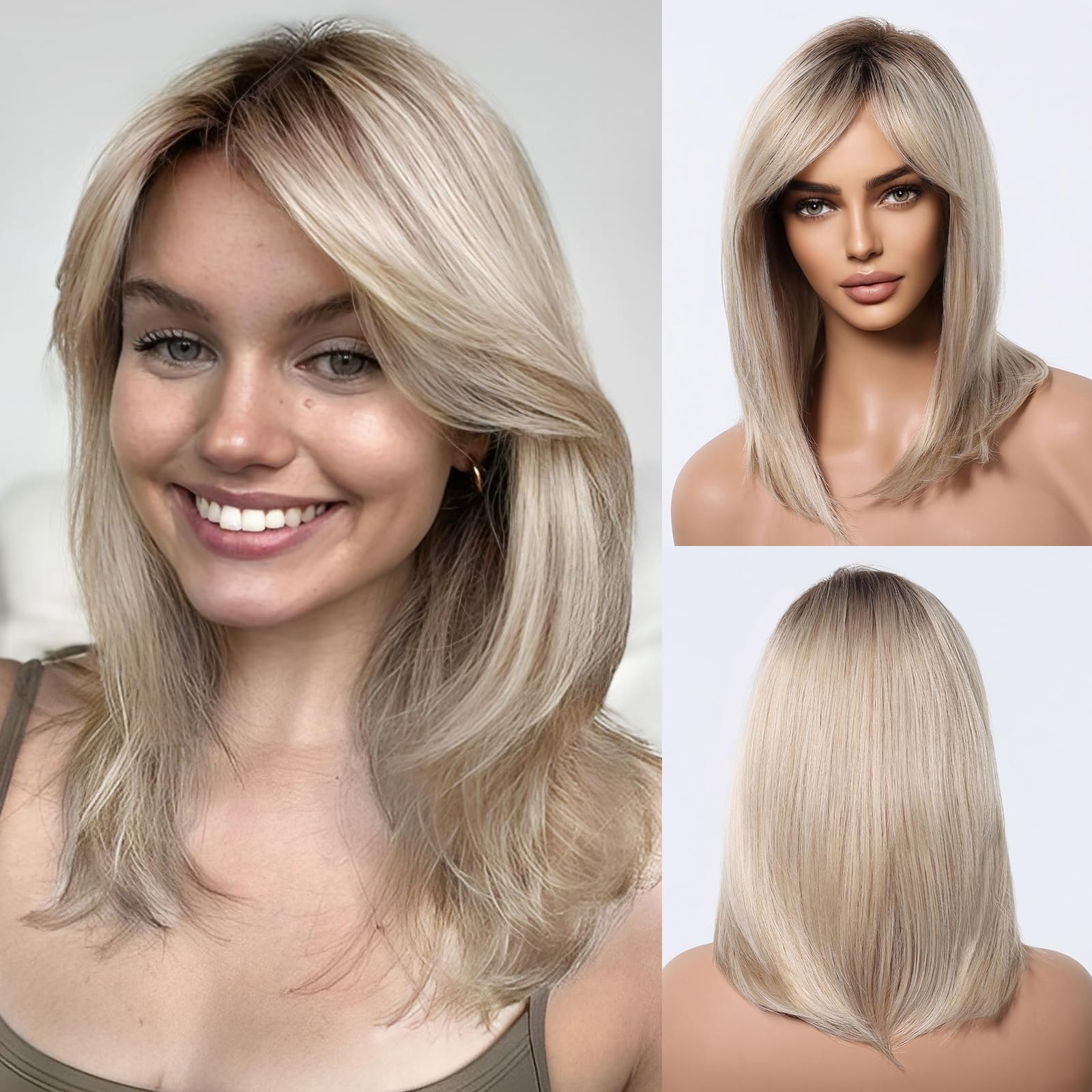 Photo 1 of testar Blonde Wigs for White Women Short Blonde Bob Layered Wig with Curtain Bangs Medium Bob Wigs with Dark Roots Side Part Wigs Heat Resistant Synthetic Wig for Daily Party Use(pelucas de mujer)