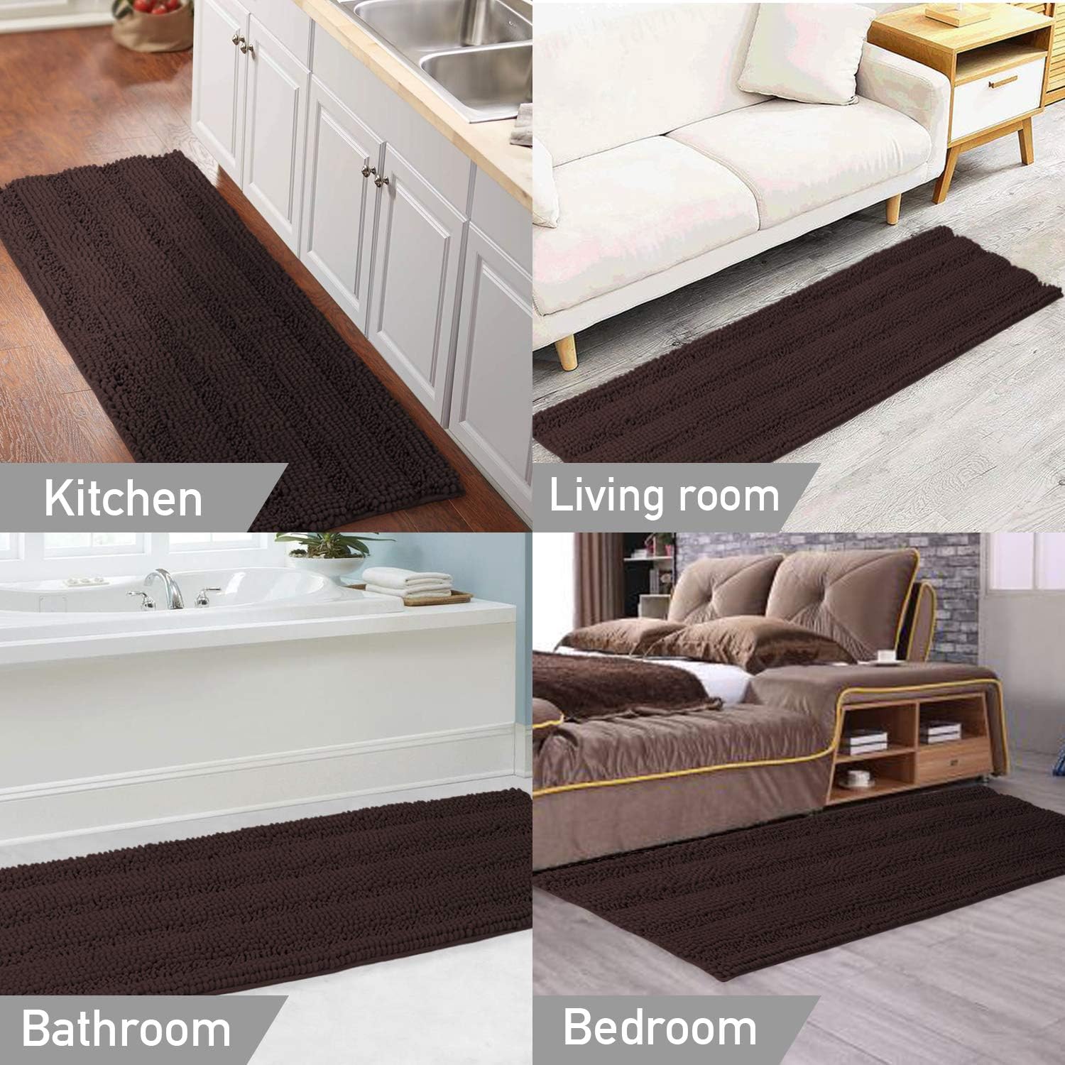 Turquoize Non Slip Shaggy Chenille Microfibers Bathroom Rug Black Bathroom Mat Extra Long Bath Rug 47 x 17 Kitchen Rugs and Mats, Super Water Absorbent & Soft Washable Bath Rug for Bathroom, Brown: Home & Kitchen