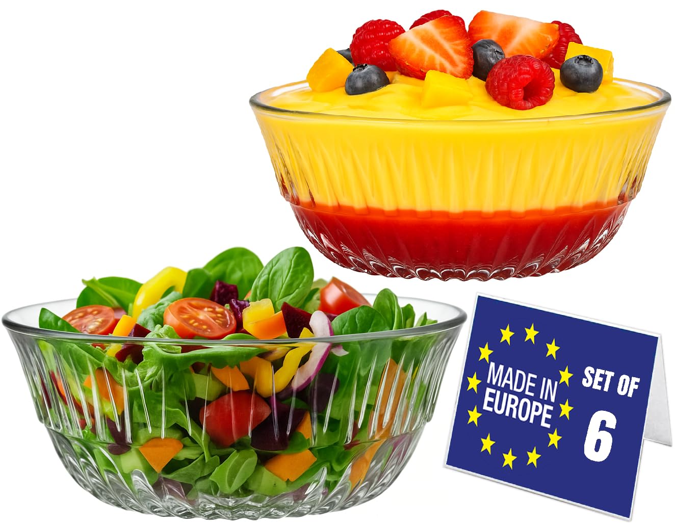 NORDIC SCHILLER Stackable Glass Dessert Bowls Set of 6 345ml 100% Lead-Free Pudding Bowls, Glass Salad Bowls, Prep, Snack & Sauce Bowl, Side Bowl, Dessert Dishes