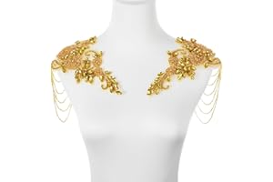 AMUSEDIY Gold Pair Beaded Rhinestones Applique Embellishment for Clothes,Epaulettes Shoulder Patches Sew-on Diamond Sequin Applique for Wedding Dress DIY Accessories
