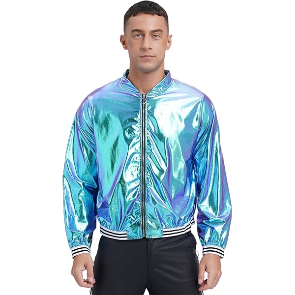 Hedmy Men's Metallic Jacket 70s Disco Shiny Bomber Jackets