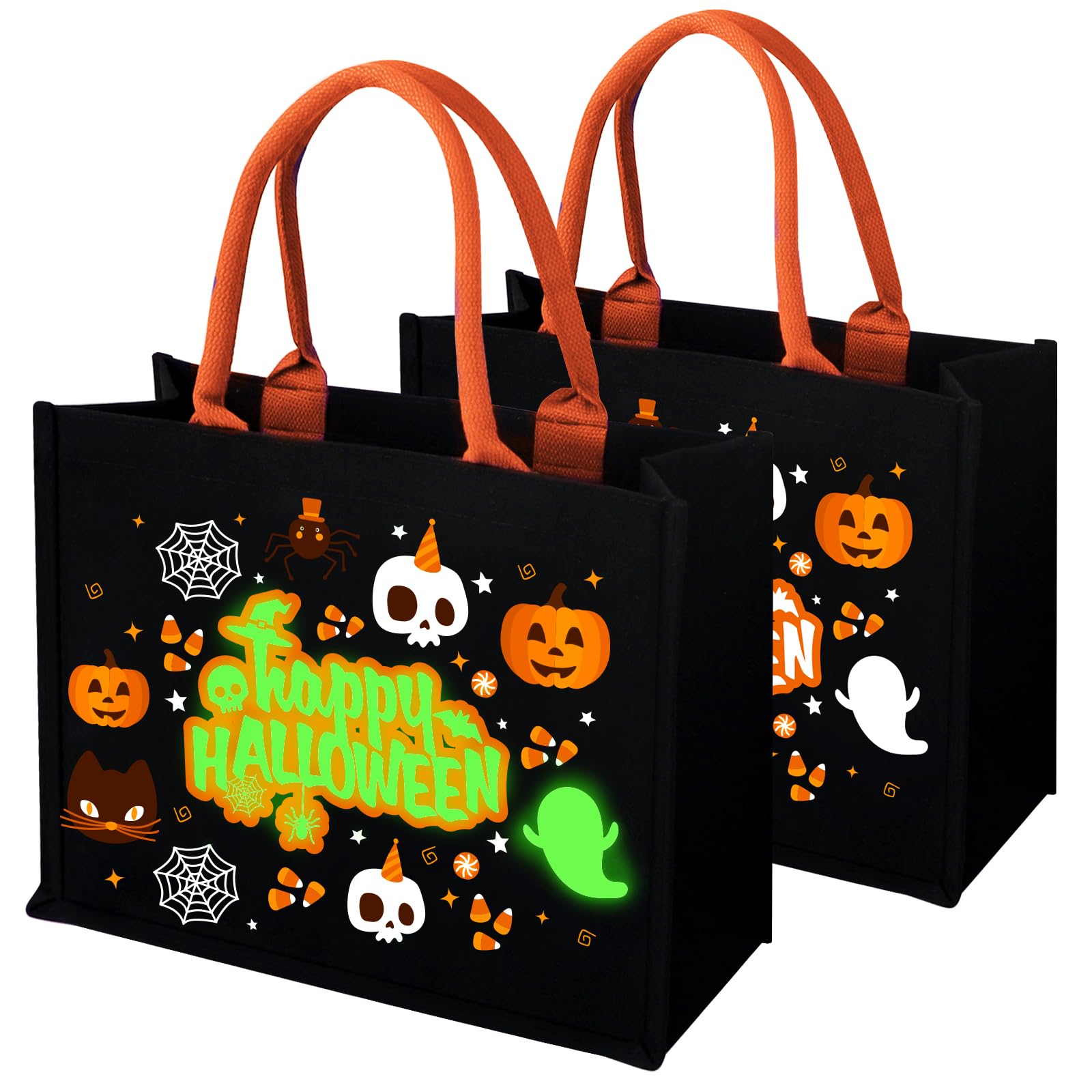 Photo 1 of 14'' Halloween Trick or Treat Bags, Glow in The Dark Halloween Candy Tote Bag with Handle, Canvas Tote Bag, Reusable Bags for Trick or Treating, Party (Orange Skull)