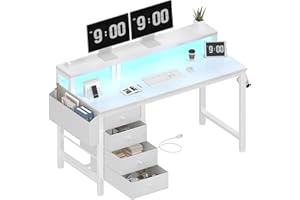 Lufeiya White Desk with 4 Drawers - 47 inch Gaming Desk with Monitor Stand, Reversible Computer Gaming Table with LED Lights Power Outlets and Storage Bag Fabric Drawer for Home Office, Bedroom, White