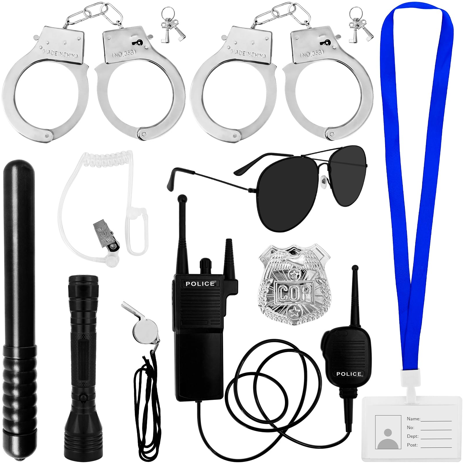 Photo 1 of 10 Pcs Police Costume Accessories for Adults – Cop Cosplay Set with Flashlight, Badge, ID Card, Baton, Sunglasses & More for Halloween, Role Play, and Dress-Up Parties