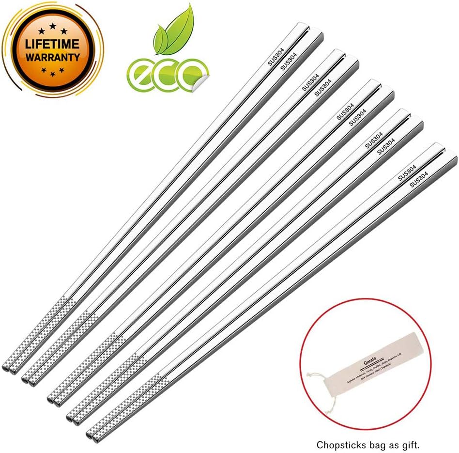 Chopsticks Reusable Dishwasher Safe Metal Chopsticks Set Food Grade 304 Stainless Steel Chopsticks Non-slip Square Healthy Lightweight Travel Reusable Chopstick with Case Korean Style 5 Pairs Gift Set