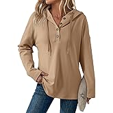 Dokotoo Hoodies for Women Long Sleeve Drawstring Button V Neck Fleece Casual Lightweight Pullover Sweatshirt Hooded Tops