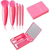 Anactoro Travel Makeup Brushes Set, Easy Taken 5pcs Mini Makeup Brushes Kit with mirror, ON-THE-GO, Makeup Set for Beauty Blender, Get Glam On-the-Go! strawberry