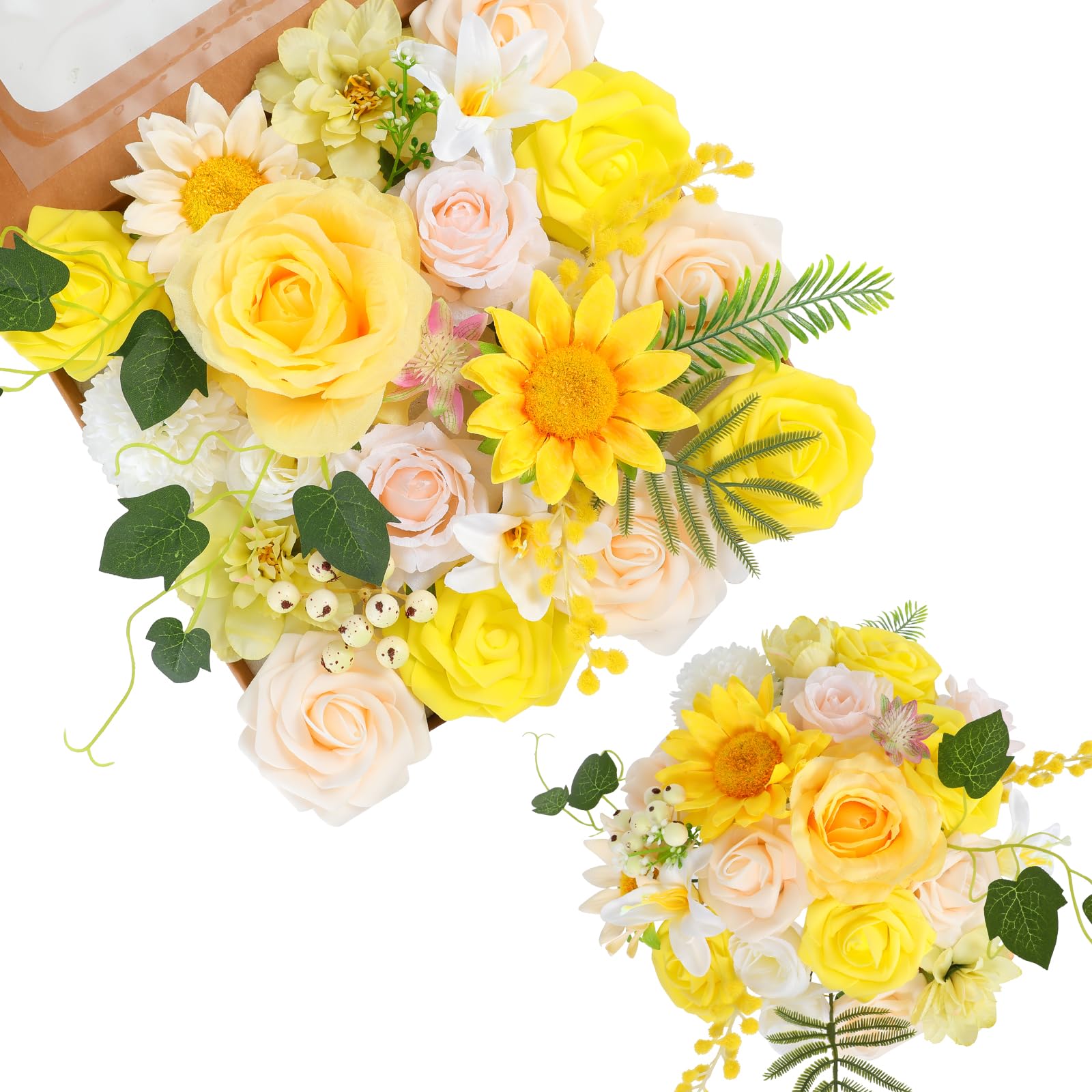 Kisflower Artificial Flower Combo Fake Rose Faux Dahlia Flowers with Stems for DIY Wedding Bridal Bouquet Party Home Decorations（yellow）