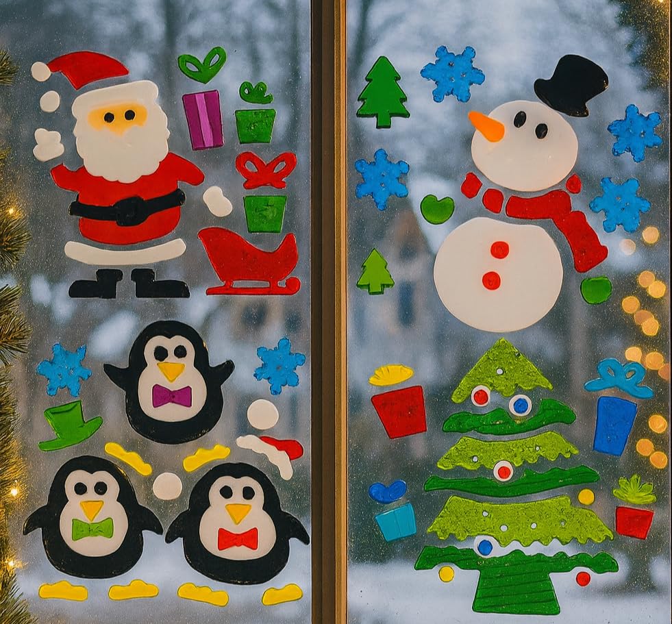 Christmas Window Stickers Gel Clings – 4 Sheets of Festive Decorations for Windows, Mirrors, Glass – Reusable Static Clings with Santa, Snowman, Penguin, Tree – Kids Xmas Decor