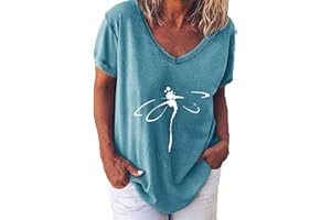 CTREELA Women's Dragonfly T Shirts Vintage Graphic Tees Loose Summer Plus Size Printed Short Sleeve Retro V Neck Blouse Tops