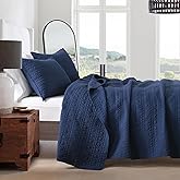 HORIMOTE HOME Quilt Set Queen Size Navy Blue, Classic Geometric Spots Stitched Pattern, Pre-Washed Microfiber Chic Rustic Look, Ultra Soft Lightweight Quilted Bedspread for All Season, 3 Pieces