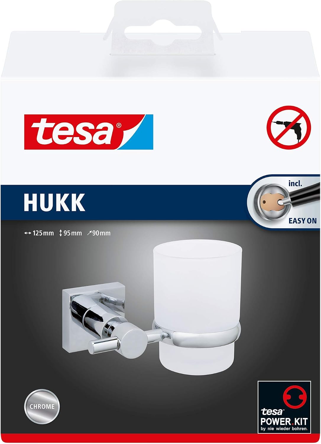 tesa Hukk tumbler holder, high gloss chromed metal, self-adhesive, adhesive mounting technology, 95mm x 125mm x 90mm - Image 4