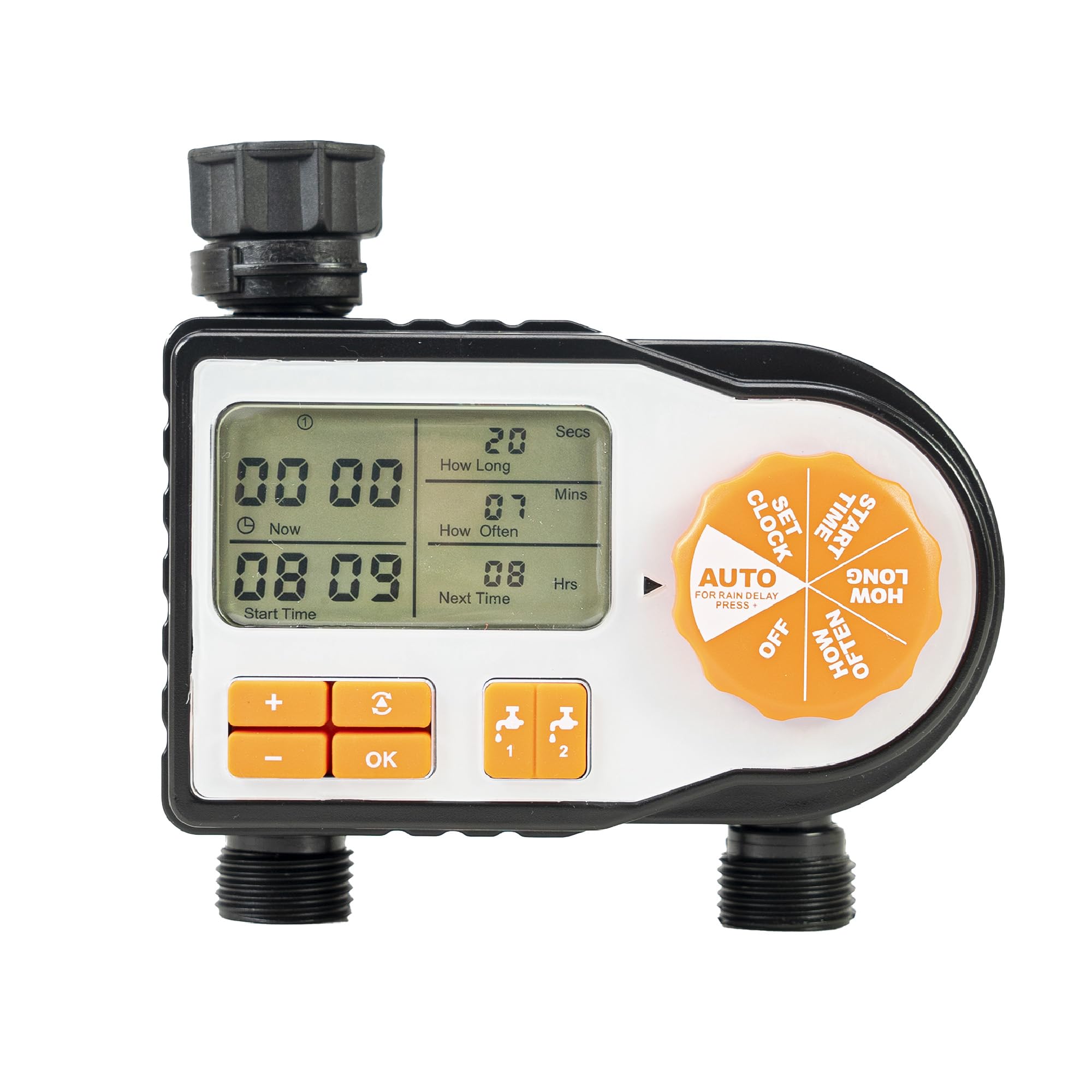 PNI Irrigation Programmer WT12 LCD Display 3/4 Port 2 Outputs Automatic and Manual Watering Time, Duration and Days of Watering, Black Orange