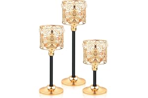 Kehail Set of 3 Floral-Carved Crystal & Metal Tealight Candelabras - Elegant Gold & Black Wedding Centerpiece, Dining Table Decor, Votive Candle Holders