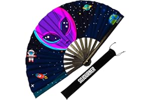 SoJourner Bags Alien Rave Fan - Large Folding Clack Fan for Men and Women - Rave Accessories for EDM, Line Dancing, Cosplay, 