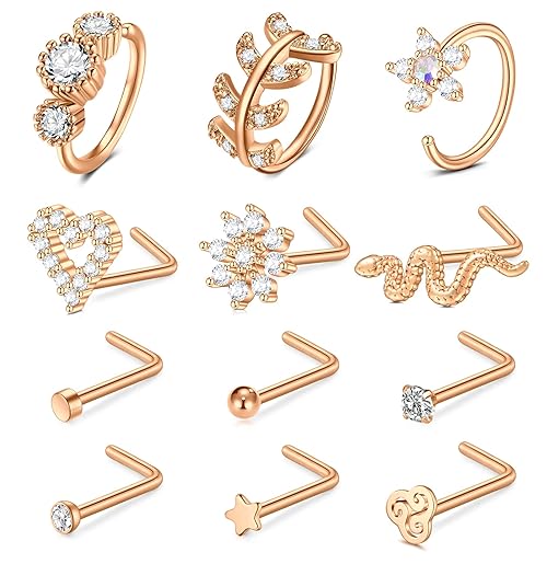 TOKRING 18G Nose Rings Hoops Nose Rings Studs for Nose Piercings Surgical Steel Nose Piercing jewelry for Women Men Rose Gold 12pcs