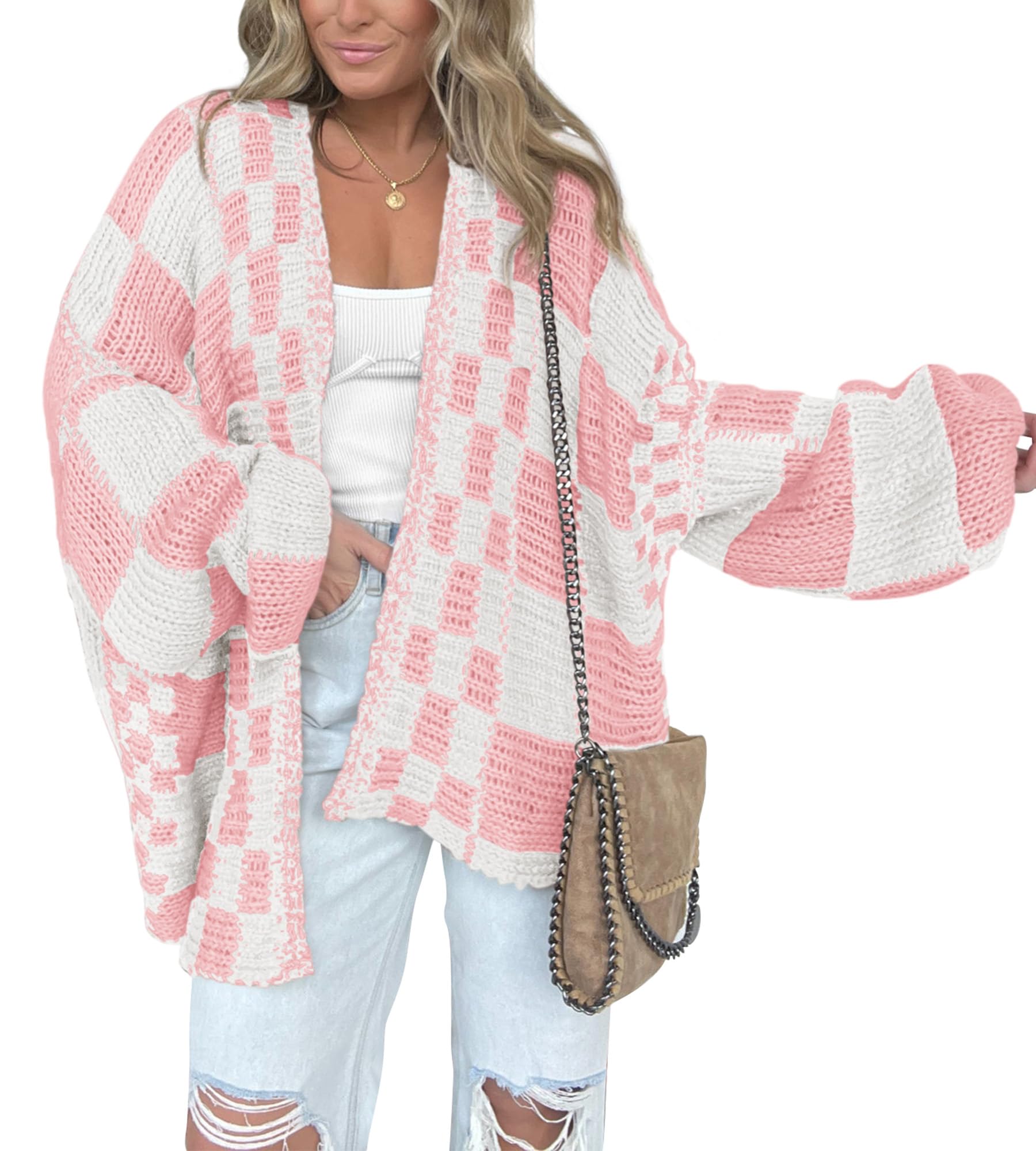 BTFBM Casual Cardigan Sweater for Women Fall 2025 Long Sleeve Open Front Chunky Knit Sweaters Checkered Outwear Coat(Pink,Medium) Image
