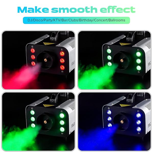1200W RGB FOG MACHINE, 6 COLORFUL LED LIGHTS FOR SMOKE MACHINE INDOOR/OUTDOOR USE, PERFECT FOR PARTIES, WEDDINGS, AND STAGE EFFECTS